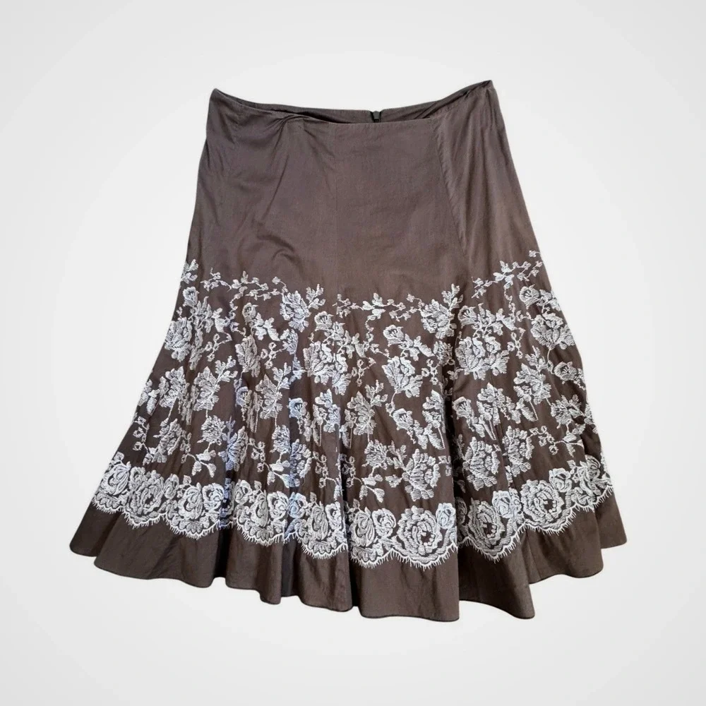 Karen Kane Brown Cotton Floral Embroidered Midi Skirt 1L35523 Womens Size 8